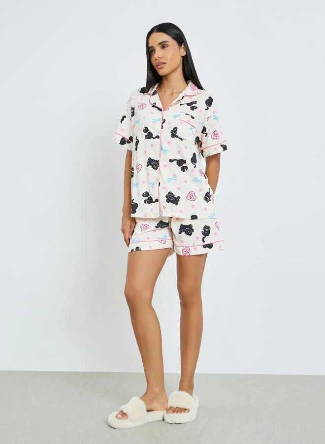 Styli All-Over Cat Printed Short Sleeve Shirt, Shorts and Pants Pyjama Set