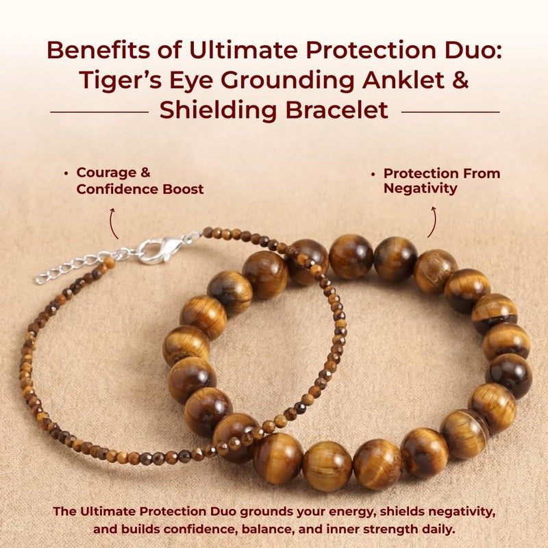 Divine Hindu Tiger’s Eye Anklet and Bracelet Set - 7mm Triple Protection Healing Crystal for Anxiety & Stress Relief - Image 3