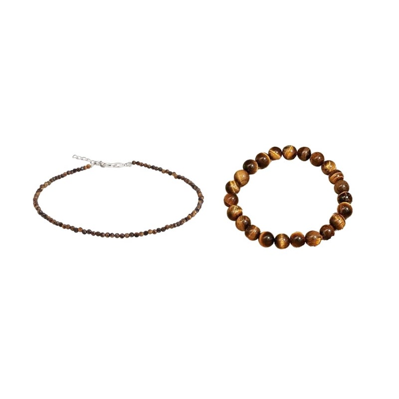 Divine Hindu Tiger’s Eye Anklet and Bracelet Set - 7mm Triple Protection Healing Crystal for Anxiety & Stress Relief - Image 1