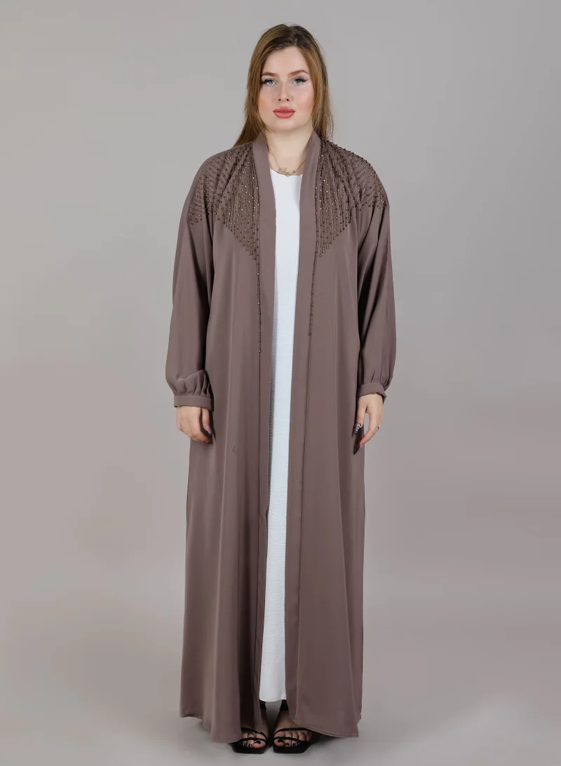 MSquare Fashion MSquare Fashion Front Embroidered Brown Korean Nida Abaya