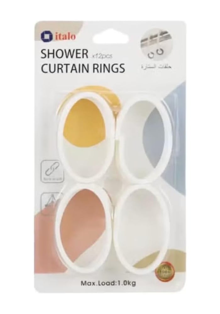 Italo 12PCS Shower Curtain Rings – Durable Plastic Hooks for Bathroom Curtains, Easy Glide, Rustproof & Lightweight – White - Image 1