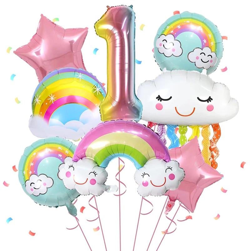 Yamibobo 10pcs 1st Birthday Balloon Rainbow Smile Cloud Balloon 32 inch Gradient Number 1 Foil Balloons One Year Old Kids Birthday Party Decors Baby Anniversary - Image 1