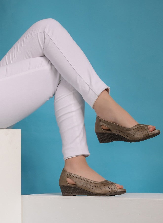 She Zone Khaki Wedge Heel Pumps for Women - Image 1