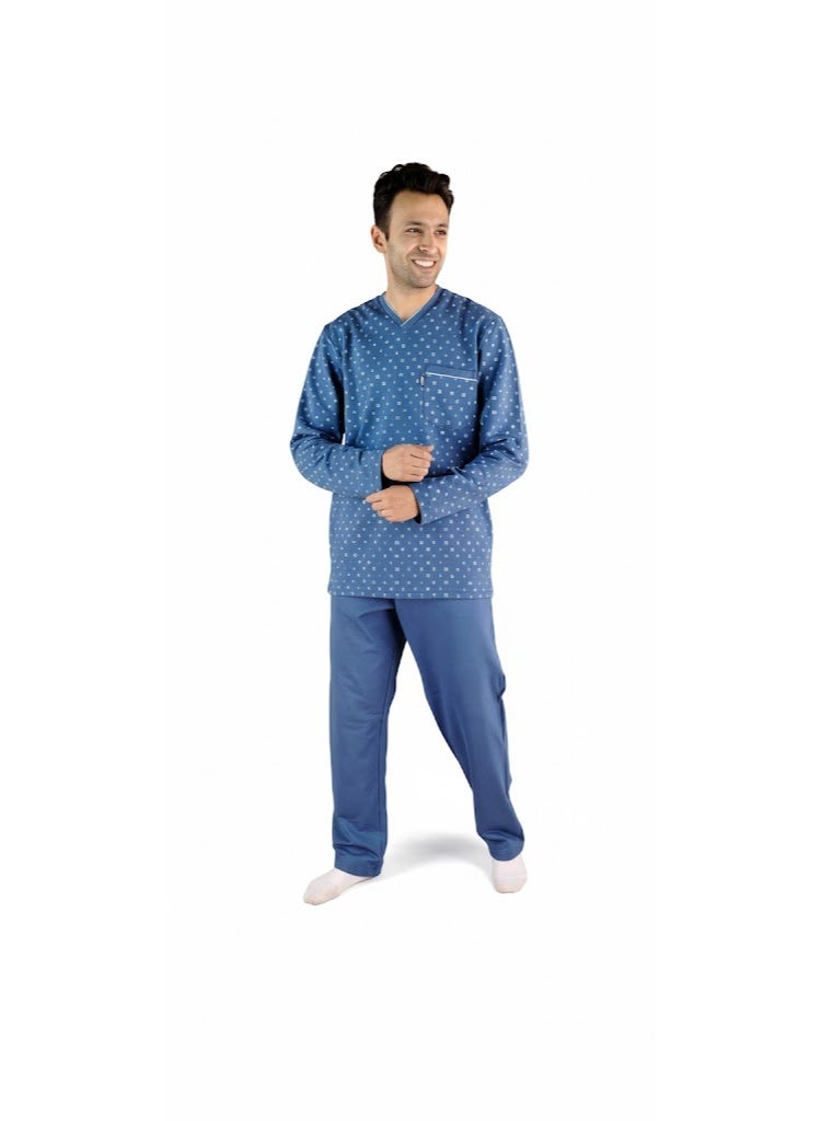 Jet Men Winter Pajama Set Long Sleeve & Plain Bottom-Blue