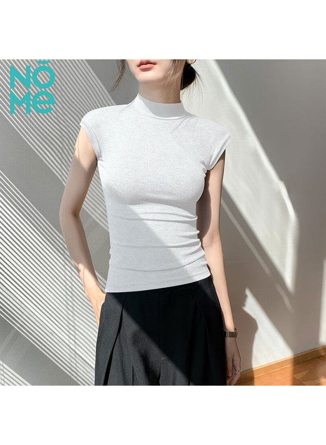نومي Nome Threaded Half High Neck Sleevestless Vest نساء ربيع وصيف جديد نحيف مناسب متعدد الاستخدامات أساسي قمة أبيض 2XL - Image 1