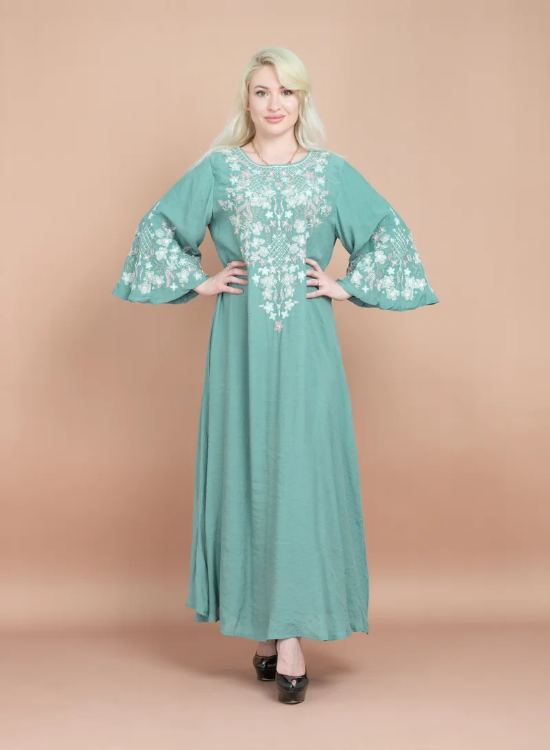 اكسا جلابية سادة تطريز يدوي CJ1062 اخضر