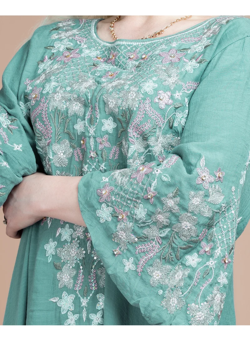 اكسا جلابية سادة تطريز يدوي CJ1062 اخضر
