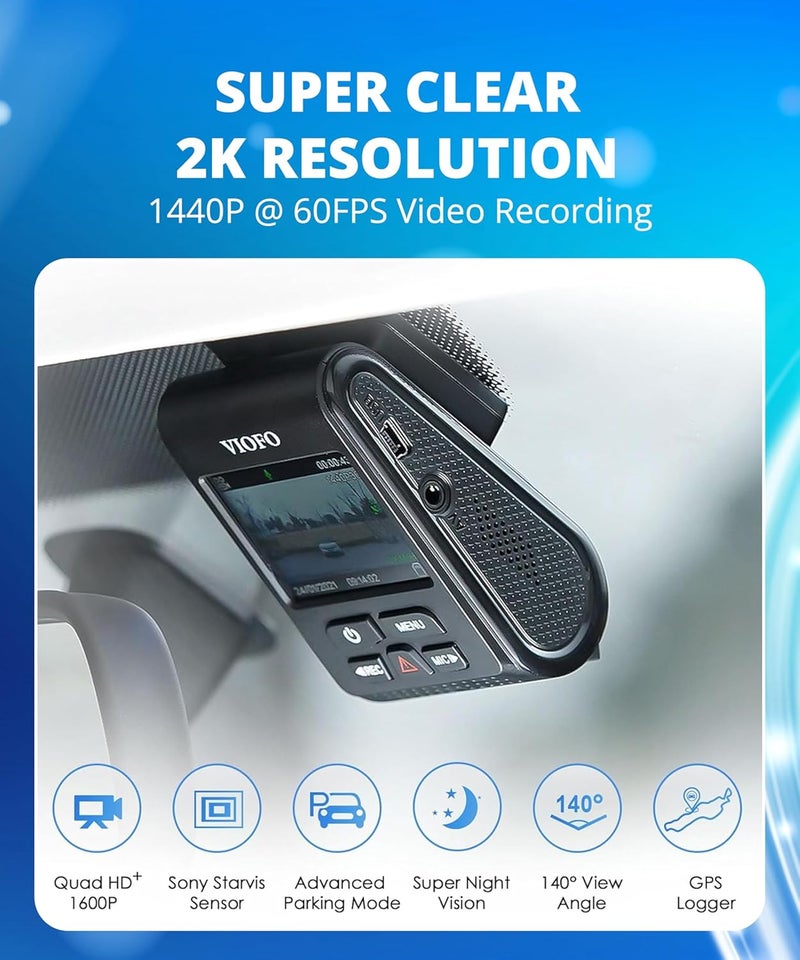 Viofo كاميرا داش A119 V3 2K 2560x1440P كواد HD+ 60FPS كاميرا أمامية للسيارة، مستشعر 5MP STARVIS، زاوية واسعة 140 درجة، GPS مضمّن، وضع وقوف مؤقت، HDR حقيقي، كشف الحركة، تسريع الزمن. - Image 2