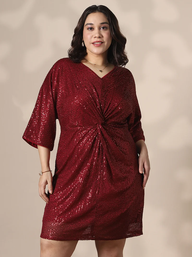 Globus Gloplus Women Marron V-Neck Extended Sleeves Twisted Detail Sequinned Mini Sheath Plus size Party Dress