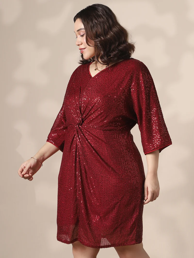 globus Globus Gloplus Women Maroon V-Neck Extended Sleeves Twisted Detail Sequinned Mini Sheath Plus size Party Dress