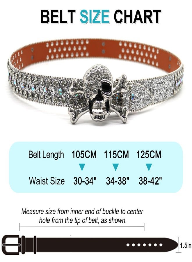EVERBLTING Rhinestone Skull Belt Men Women Skull Rhinestone Belt Studded Punk Y2k Belts Western Cowgirl Belts, Silver, 115: fits waist from 34"-38" - Image 3