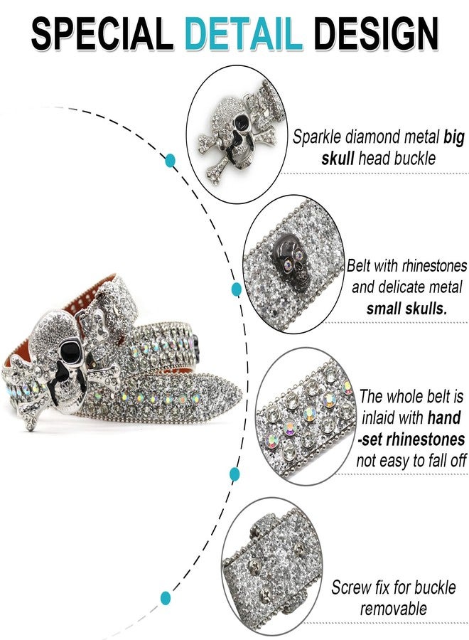 EVERBLTING Rhinestone Skull Belt Men Women Skull Rhinestone Belt Studded Punk Y2k Belts Western Cowgirl Belts, Silver, 115: fits waist from 34"-38" - Image 2