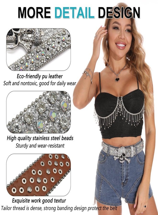 EVERBLTING Rhinestone Skull Belt Men Women Skull Rhinestone Belt Studded Punk Y2k Belts Western Cowgirl Belts, Silver, 115: fits waist from 34"-38" - Image 4