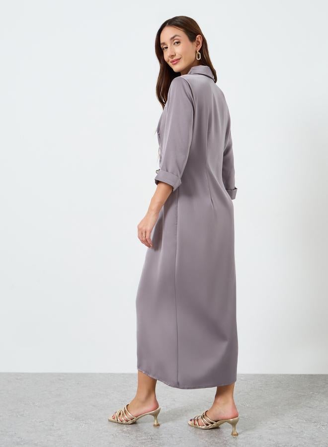 Take Two Women Grey Button Front Midi Shirt Dress - Image 5