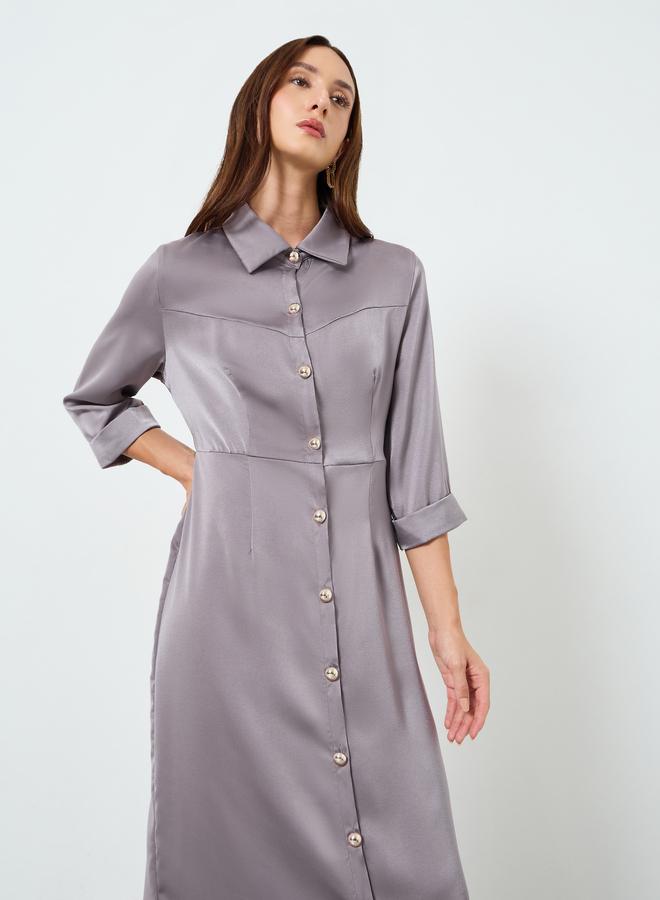 Take Two Women Grey Button Front Midi Shirt Dress - Image 2