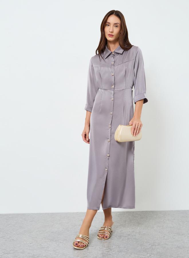 Take Two Women Grey Button Front Midi Shirt Dress - Image 1