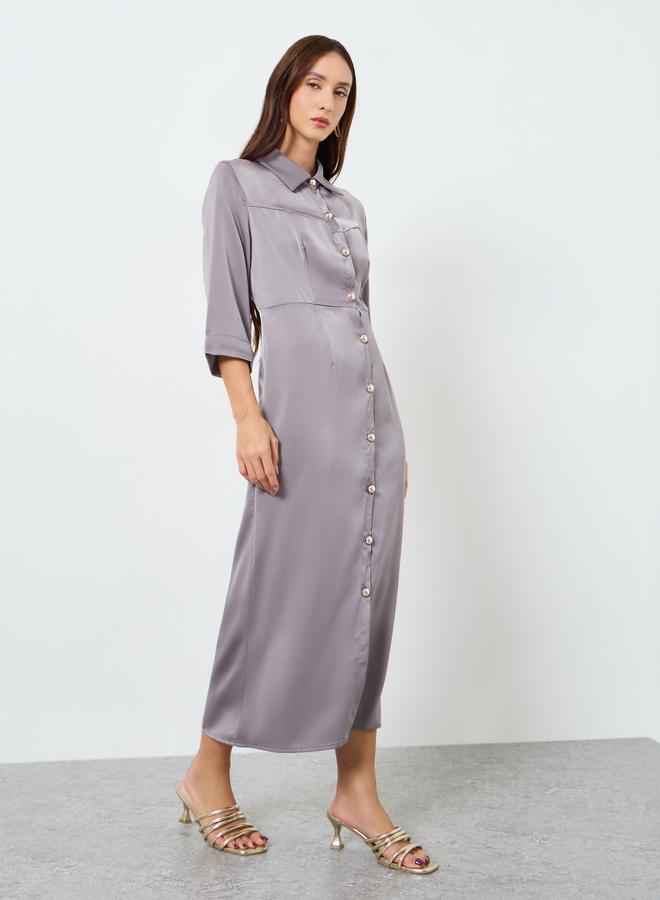 Take Two Women Grey Button Front Midi Shirt Dress - Image 3