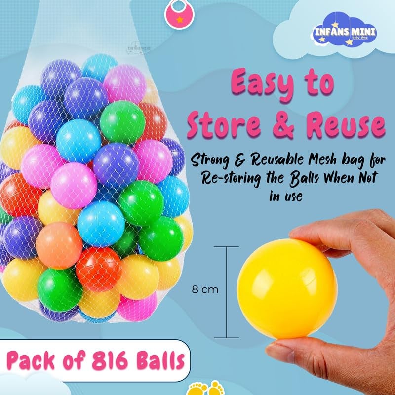 Infans Mini 8cm Kids Soft Plastic Balls for Pool Pit & Ocean Without Sharp Edges and Non-Toxic Plastics for Toddler Baby Play Tents & Tunnels Indoor (Multicolour, Pack of 816) - Image 4