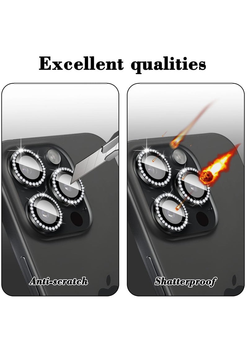 ELTRAZONE "Black Diamond Camera Lens Protector for iPhone 16 Pro/Pro Max – Bling Tempered Glass Cover with Automatic Alignment Metal Rings and Glitter Stickers" - Image 4