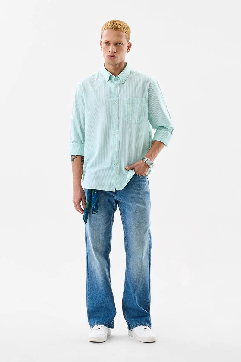 سنيتش Light Green Striped Long Sleeve Regular Fit Shirt