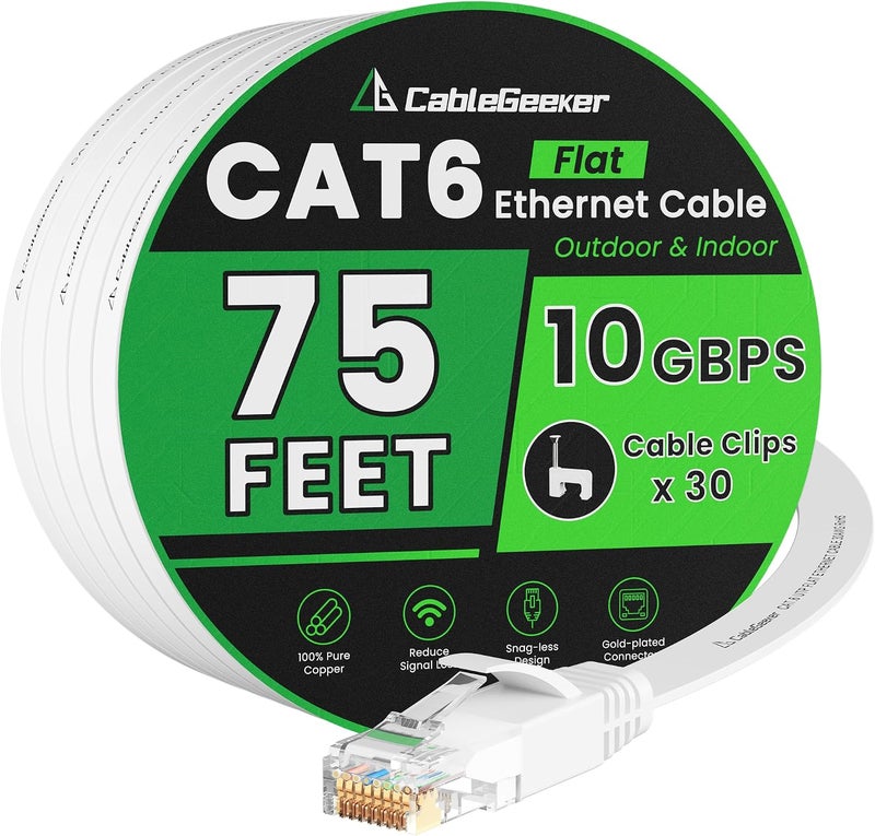 CableGeeker Cat 6 Ethernet Cable 75 ft (at a Cat5e Price but Higher Bandwidth) Flat Internet Network Cable Support 10Gbps 500 Mhz - White Computer LAN Cable + Free Clips and Straps for Router Xbox Modem - Image 1