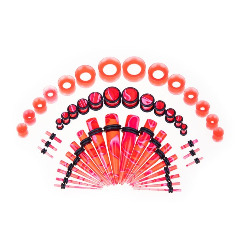 Memsion Ear Stretching Kit 50 Pieces Earrings 14Gauges-00Gauges Earrings Acrylic Tapers Plugs Silicone Tunnels Ear Gauges Expander Set Body Piercing Kit Piercing Jewelry Marble Red Color - Image 1