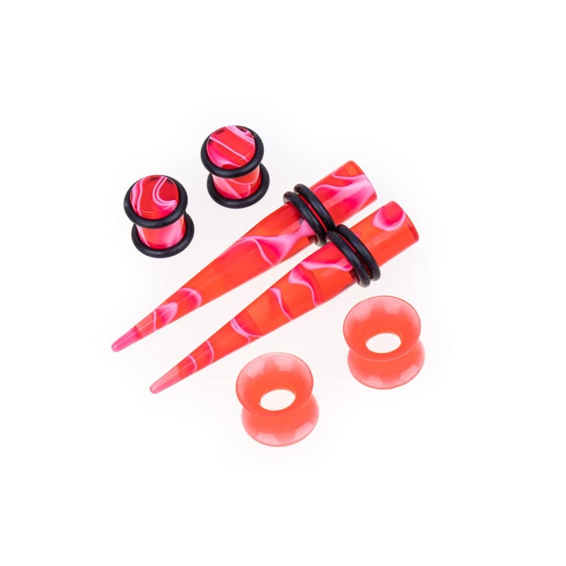 Memsion Ear Stretching Kit 50 Pieces Earrings 14Gauges-00Gauges Earrings Acrylic Tapers Plugs Silicone Tunnels Ear Gauges Expander Set Body Piercing Kit Piercing Jewelry Marble Red Color - Image 2