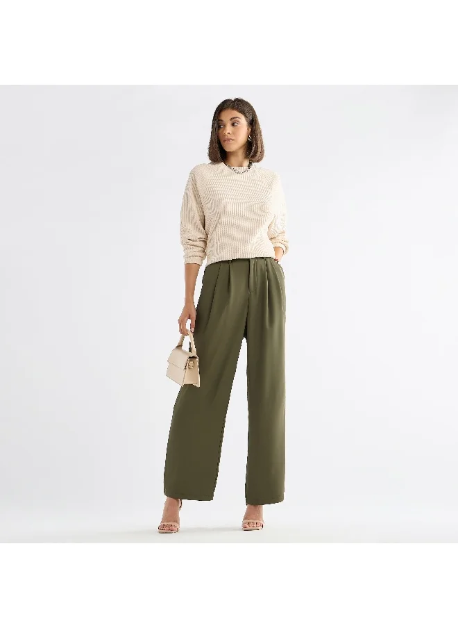 FAV Solid Regular Fit Trousers with Pleat Detail and Pockets