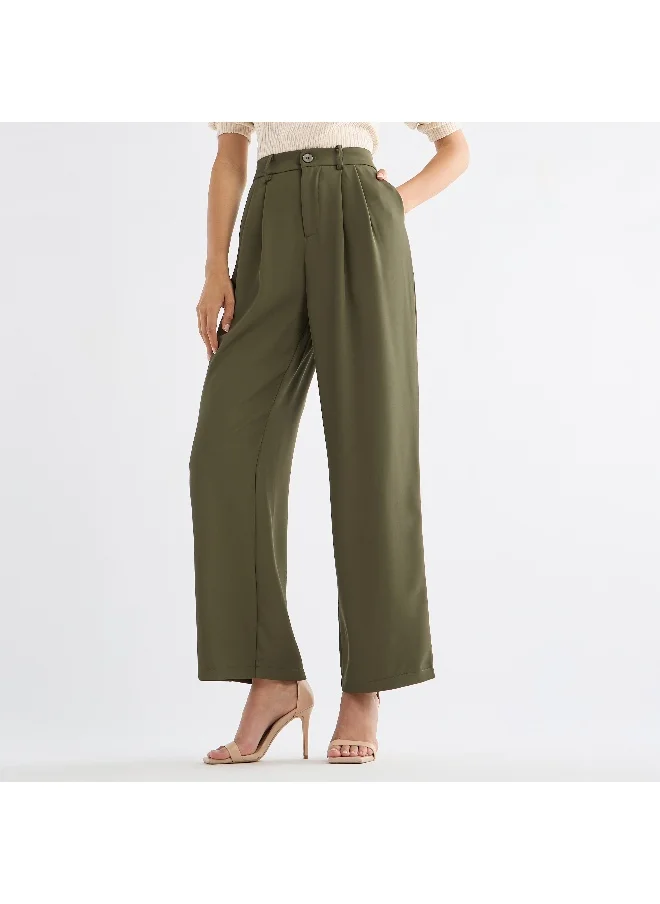 FAV Solid Regular Fit Trousers with Pleat Detail and Pockets