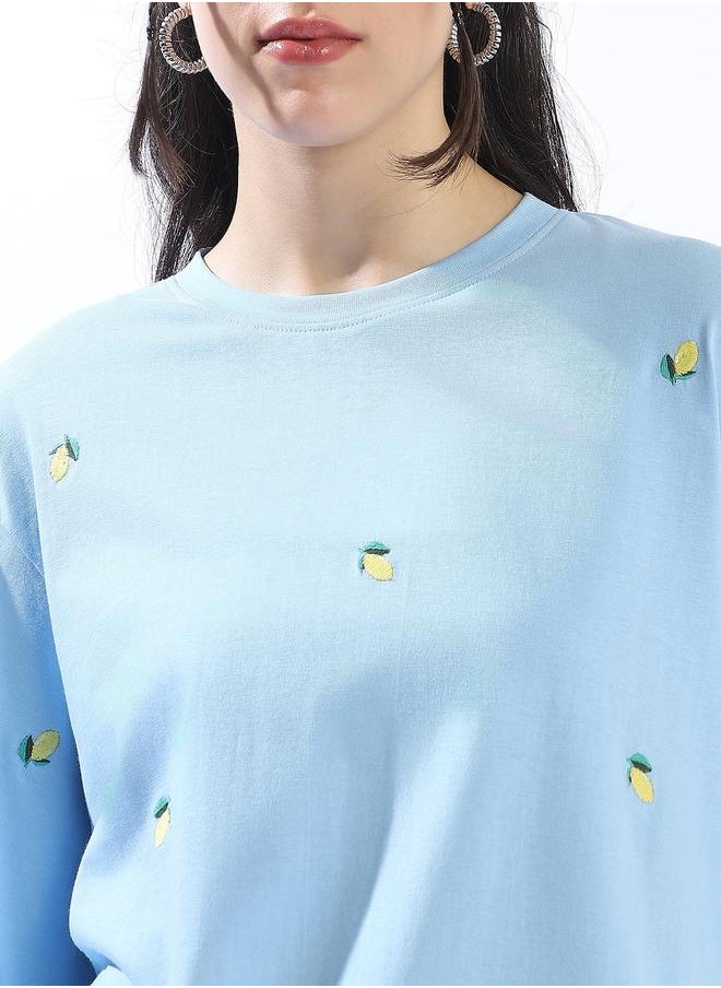HIGH STAR Women's Blue 100% Cotton Embroidered Oversized T-Shirt  - Image 4
