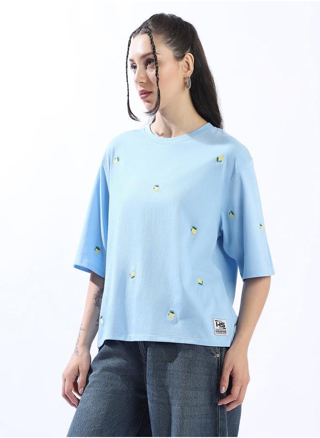 HIGH STAR Women's Blue 100% Cotton Embroidered Oversized T-Shirt  - Image 3