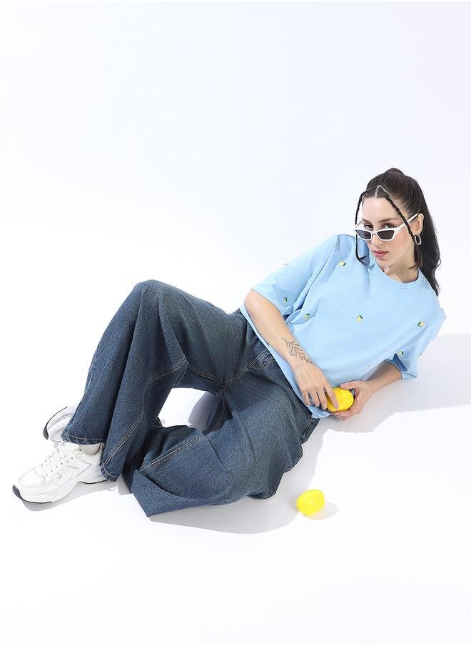 HIGH STAR Women's Blue 100% Cotton Embroidered Oversized T-Shirt  - Image 2