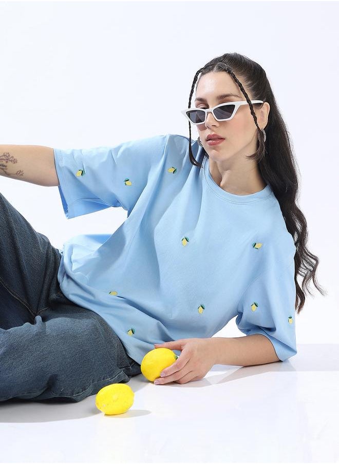 HIGH STAR Women's Blue 100% Cotton Embroidered Oversized T-Shirt  - Image 1