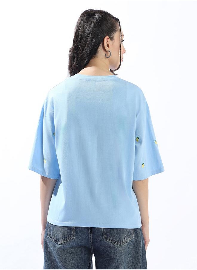 HIGH STAR Women's Blue 100% Cotton Embroidered Oversized T-Shirt  - Image 5