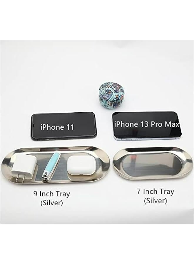 2pcs Stainless Steel Decorative Tray 7 Inch Long Jewelry Dish Cosmetics Organizer Bathroom Clutter Serving Platter Small Storage Tray Oval Silver - Image 3