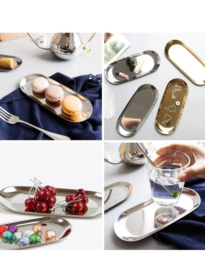 2pcs Stainless Steel Decorative Tray 7 Inch Long Jewelry Dish Cosmetics Organizer Bathroom Clutter Serving Platter Small Storage Tray Oval Silver - Image 5