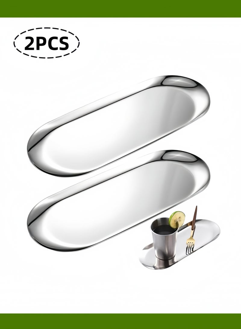 2pcs Stainless Steel Decorative Tray 7 Inch Long Jewelry Dish Cosmetics Organizer Bathroom Clutter Serving Platter Small Storage Tray Oval Silver - Image 1