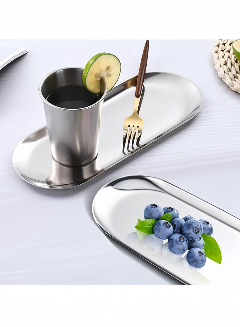 2pcs Stainless Steel Decorative Tray 7 Inch Long Jewelry Dish Cosmetics Organizer Bathroom Clutter Serving Platter Small Storage Tray Oval Silver - Image 2