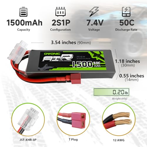 OVONIC بطارية ليثيوم بوليمر OVONIC 2S 50C سعة 1500mAh 7.4V مع غلاف ناعم وموصل Dean-Style لطائرة فوم صغيرة ومروحية صغيرة وطائرة RC 55mm EDF RX TX وسيارات RC بمقياس 1/12 1/14 1/16 1/18 (عبوتين) - Image 2