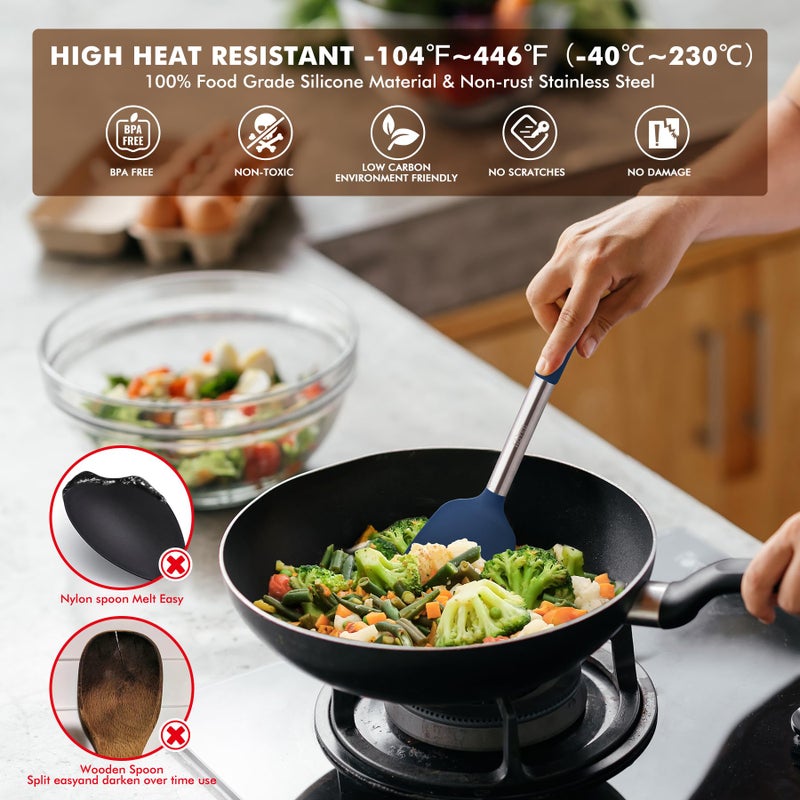 HOTEC 446Â°F Heat Resistant Silicone Kitchen Utensils, BPA Free Cooking Utensil Set, Spatula Set, Kitchen Gadgets, with Stainless Steel Utensils Holder, Dishwasher Safe, 14pcs Classic Blue - Image 2