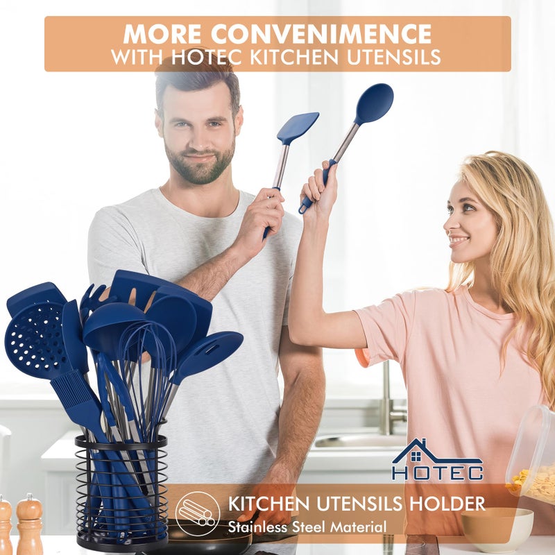 HOTEC 446Â°F Heat Resistant Silicone Kitchen Utensils, BPA Free Cooking Utensil Set, Spatula Set, Kitchen Gadgets, with Stainless Steel Utensils Holder, Dishwasher Safe, 14pcs Classic Blue - Image 3