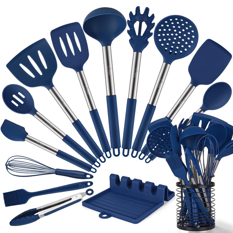HOTEC 446Â°F Heat Resistant Silicone Kitchen Utensils, BPA Free Cooking Utensil Set, Spatula Set, Kitchen Gadgets, with Stainless Steel Utensils Holder, Dishwasher Safe, 14pcs Classic Blue - Image 1