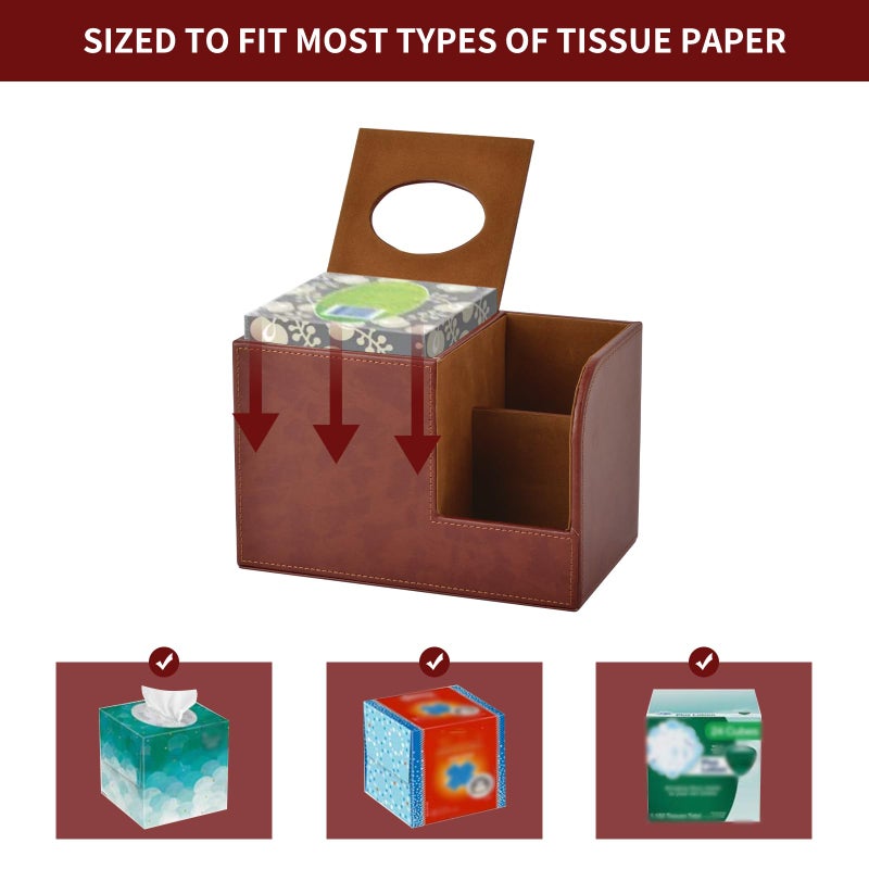 XNONE PU Leather Square Tissue Box Cover,Multifunctional Tissue Box Holder,Tissue Box with Storage,Tissue and Remote Control Holder,Tissue Box Decorative Desk Organizer for Home&Office,Brown - Image 2