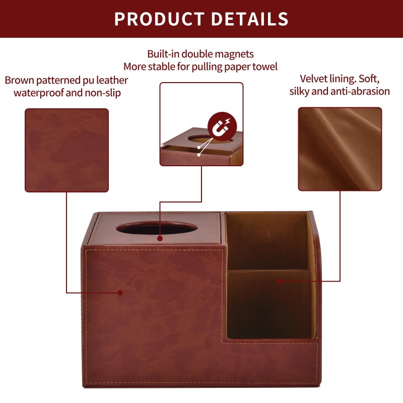 XNONE PU Leather Square Tissue Box Cover,Multifunctional Tissue Box Holder,Tissue Box with Storage,Tissue and Remote Control Holder,Tissue Box Decorative Desk Organizer for Home&Office,Brown - Image 4