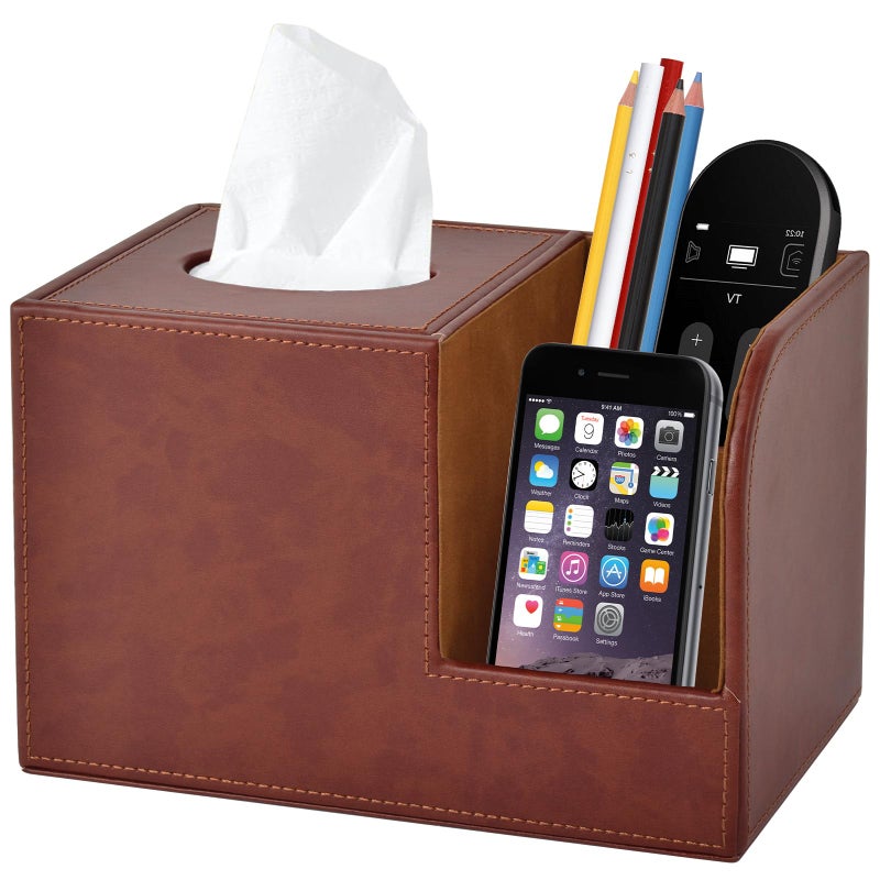 XNONE PU Leather Square Tissue Box Cover,Multifunctional Tissue Box Holder,Tissue Box with Storage,Tissue and Remote Control Holder,Tissue Box Decorative Desk Organizer for Home&Office,Brown - Image 1