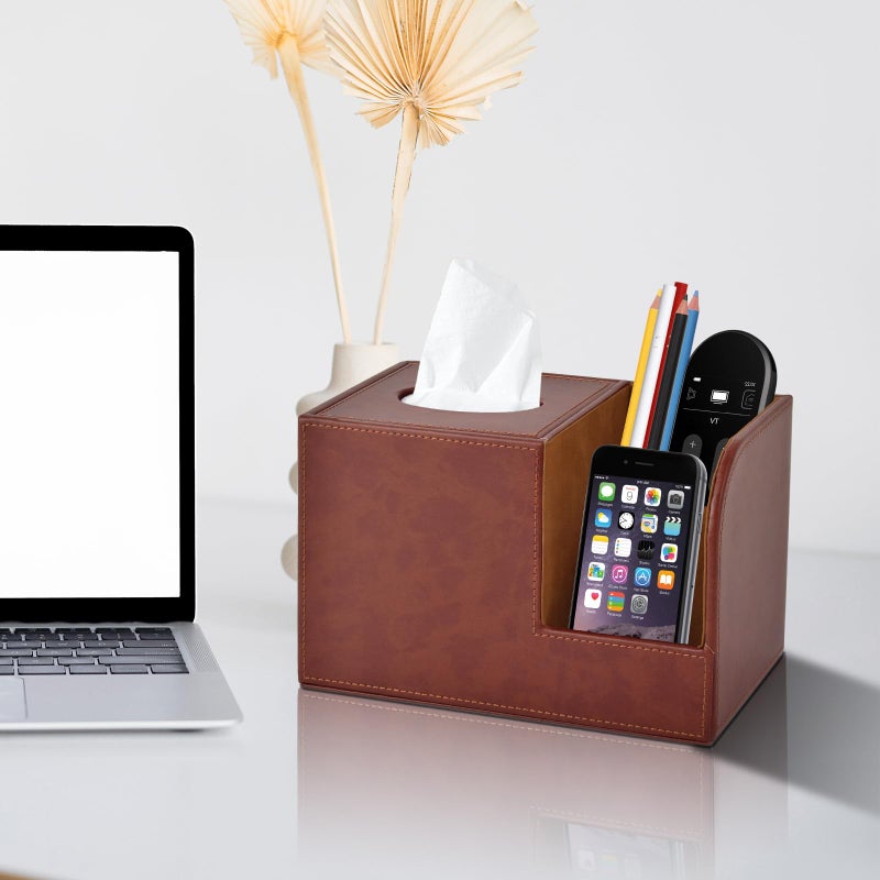XNONE PU Leather Square Tissue Box Cover,Multifunctional Tissue Box Holder,Tissue Box with Storage,Tissue and Remote Control Holder,Tissue Box Decorative Desk Organizer for Home&Office,Brown - Image 3
