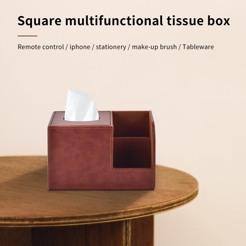 XNONE PU Leather Square Tissue Box Cover,Multifunctional Tissue Box Holder,Tissue Box with Storage,Tissue and Remote Control Holder,Tissue Box Decorative Desk Organizer for Home&Office,Brown - Image 5