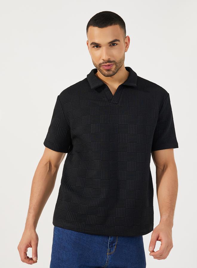 Styli Checkered Quilted Textured Revere Collar Relaxed Polo - Image 1