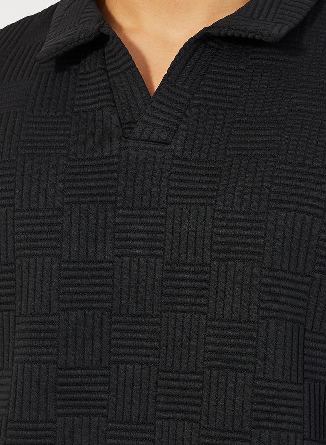 Styli Checkered Quilted Textured Revere Collar Relaxed Polo - Image 3