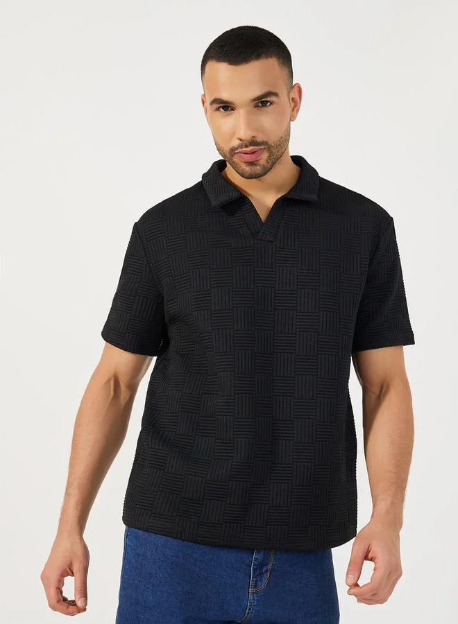 Styli Quilted Texture Revere Collar Relaxed Polo